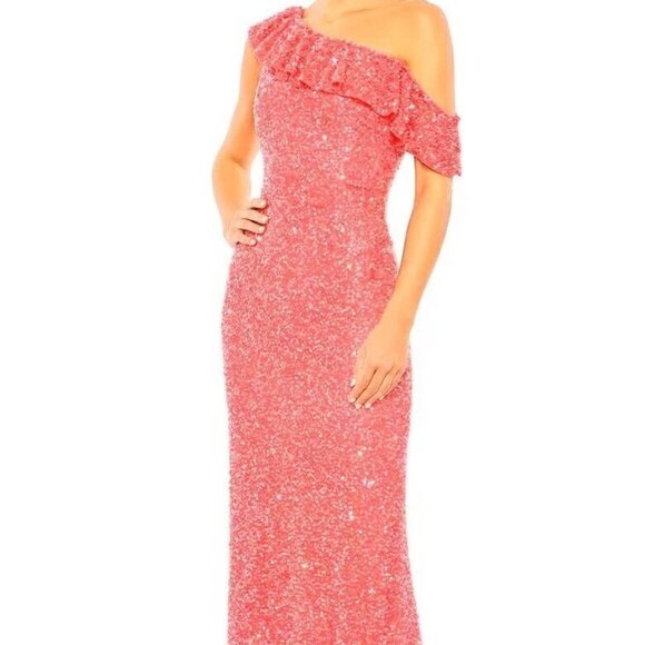 Mac Duggal Watermelon Pink One-Shoulder Sequin Trumpet Gown